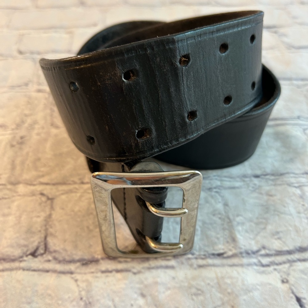 BWF MENS DOUBLE PRONG & HOLES CHUNKY WIDE BLACK LEATHER BELT SIZE 28